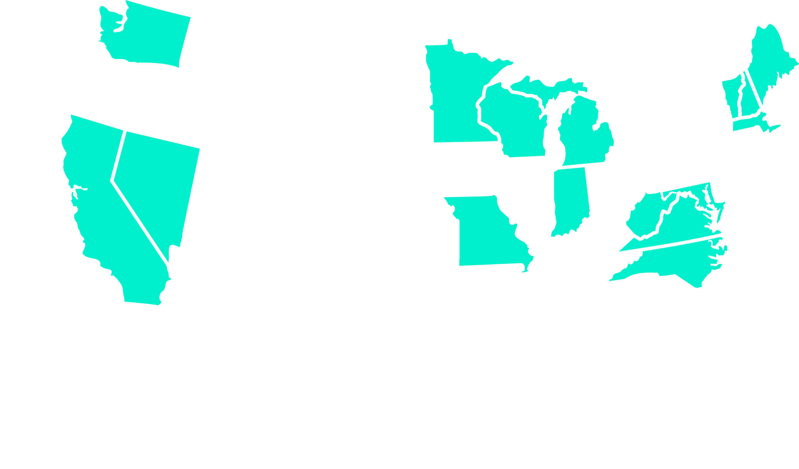 Map of United States with the following states highlighted: Maine, New Hampshire, Massachusetts, Maryland, Virginia, West Virginia, Michigan, Indiana, Missouri, Minnesota, Washington, California, North Carolina